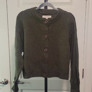 LOFT Olive Green Button-Front Crewneck Cardigan